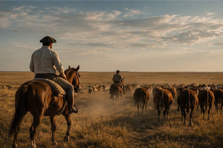 Dos gauchos a caballo arrean la tropa por el pastizal abierto bajo un cielo de nubes altas